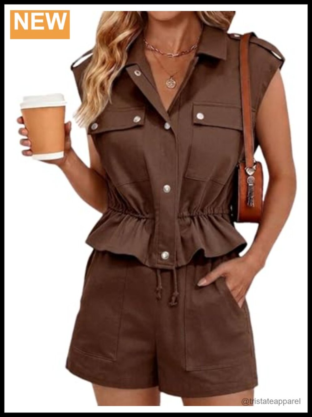 Sleeveless Button Down Peplum Top and Shorts 2 Piece Summer Outfit Set